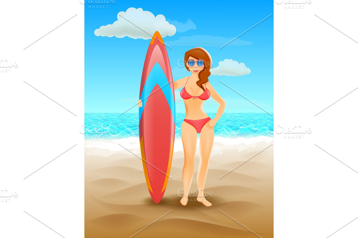 Surfer girl on a beach. Woman with surfboard. Summer tropical vacation. in Illustrations - product preview 8