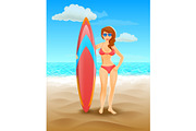 Surfer girl on a beach. Woman with surfboard. Summer tropical vacation.