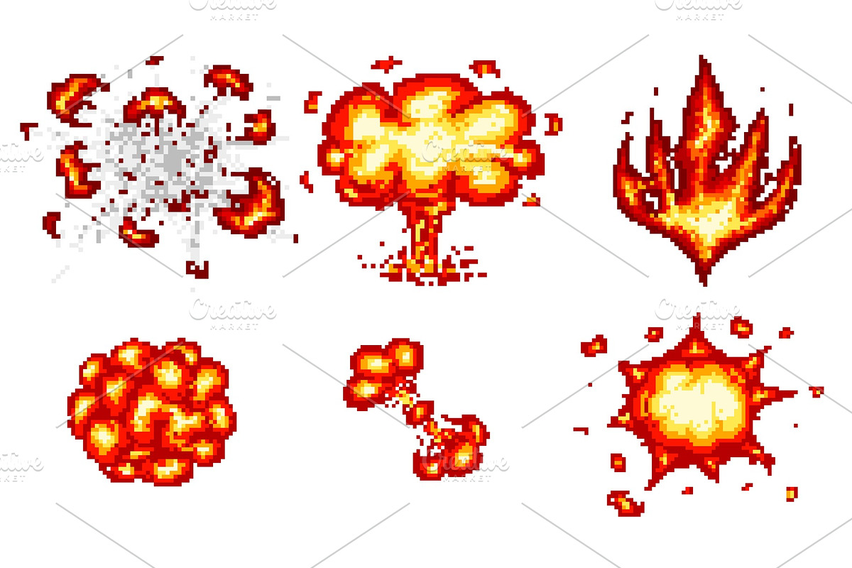 Pixel art explosions. game icons set. Comic boom flame effects for emotion. 8-Bit Vector. Bang burst explode flash nuclear bubble dynamite with smoke. Animation frame. Process steps, Video fire. in Illustrations - product preview 8