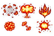Pixel art explosions. game icons set. Comic boom flame effects for emotion. 8-Bit Vector. Bang burst explode flash nuclear bubble dynamite with smoke. Animation frame. Process steps, Video fire.