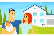 My Happy family in the background of the house. Father and mother with cute newborn baby. Summer landscape. Cottage on credit, rent of real estate. Vector Flat style. poster or banner for the web site