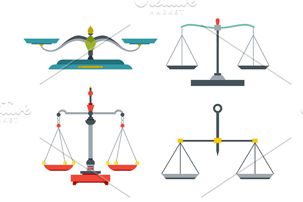 Balance scales with weight and equal pans. Device to measure mass, compare two objects, home and laboratory instrument. Vector flat style cartoon illustration isolated on white background