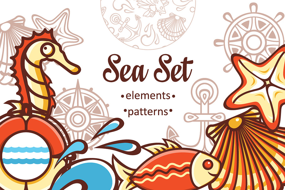 Sea set. Elements and patterns