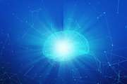 Human brain with light on blue background in the form of artificial intelligence for technology concept, 3d illustration