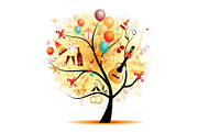  Happy celebration, funny tree with holiday symbols 
