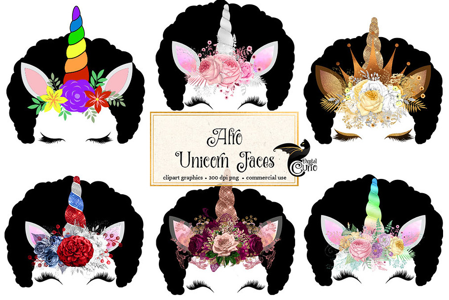 Afro Unicorn Faces Clipart in Illustrations - product preview 8