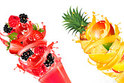 Fruit in juice splashes. Vector