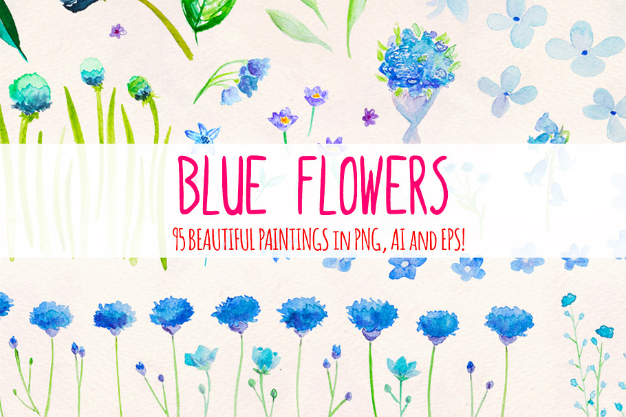 95 Blue Flower Watercolor Elements
