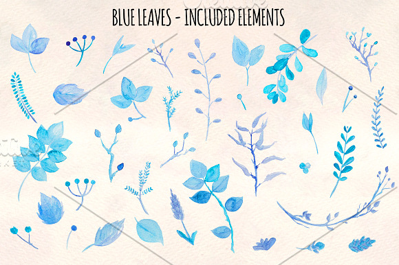 Delicate Blue Leaves 36 Watercolors in Illustrations - product preview 1