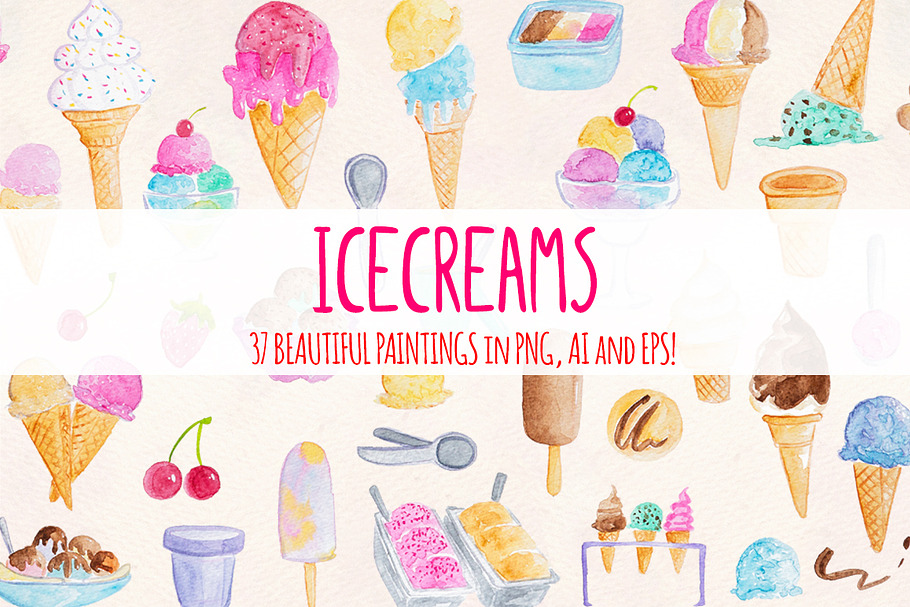 37 Icecreams Summer Watercolor Art