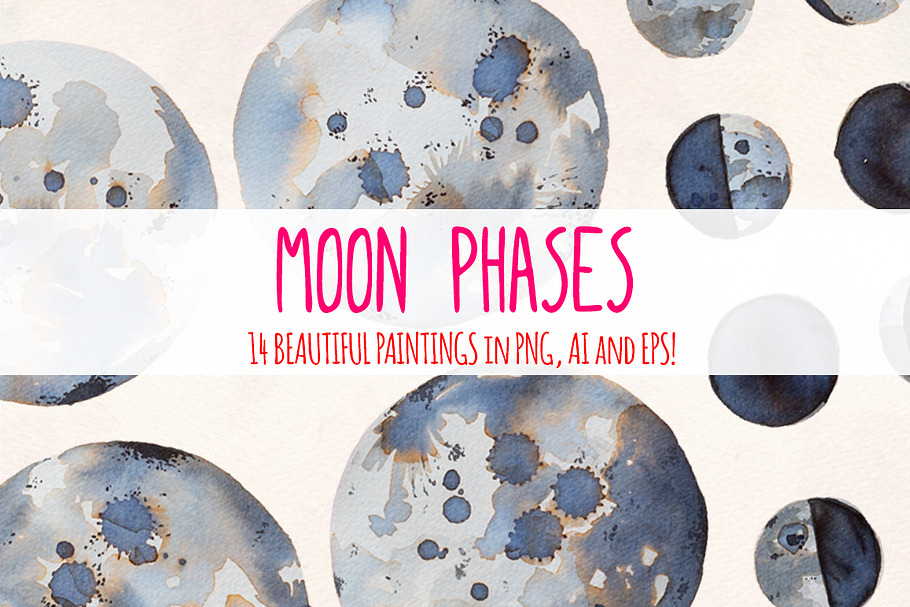 14 Moon Phases Watercolor Graphics
