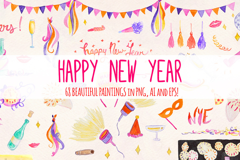 68 New Year's Eve Watercolor Vector