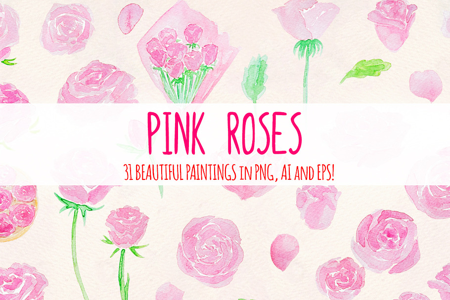 31 Pink Roses Watercolor Graphics