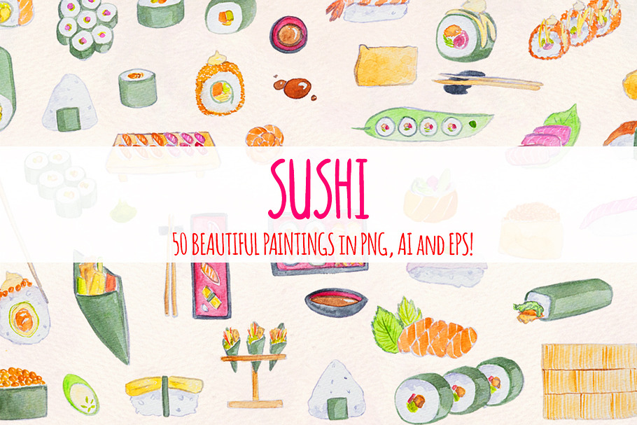 Sushi Train 50 Watercolour Graphics in Illustrations - product preview 8