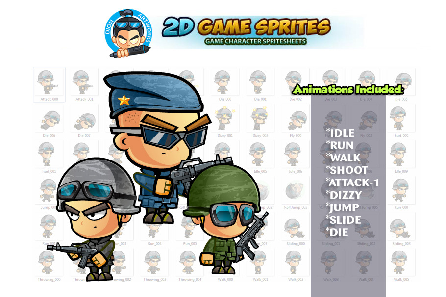 Soldiers 2D Game sprites Set in Illustrations - product preview 8