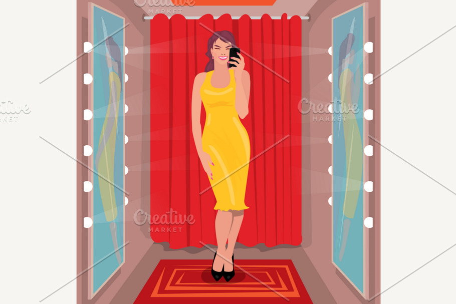 Selfie yellow dress in fitting room in Illustrations - product preview 8