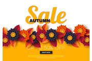 Autumn sale banner with 3d leaves