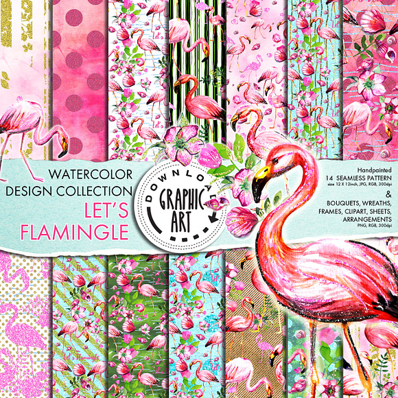 Flamingo Digital Pattern Paper Set  in Illustrations - product preview 8
