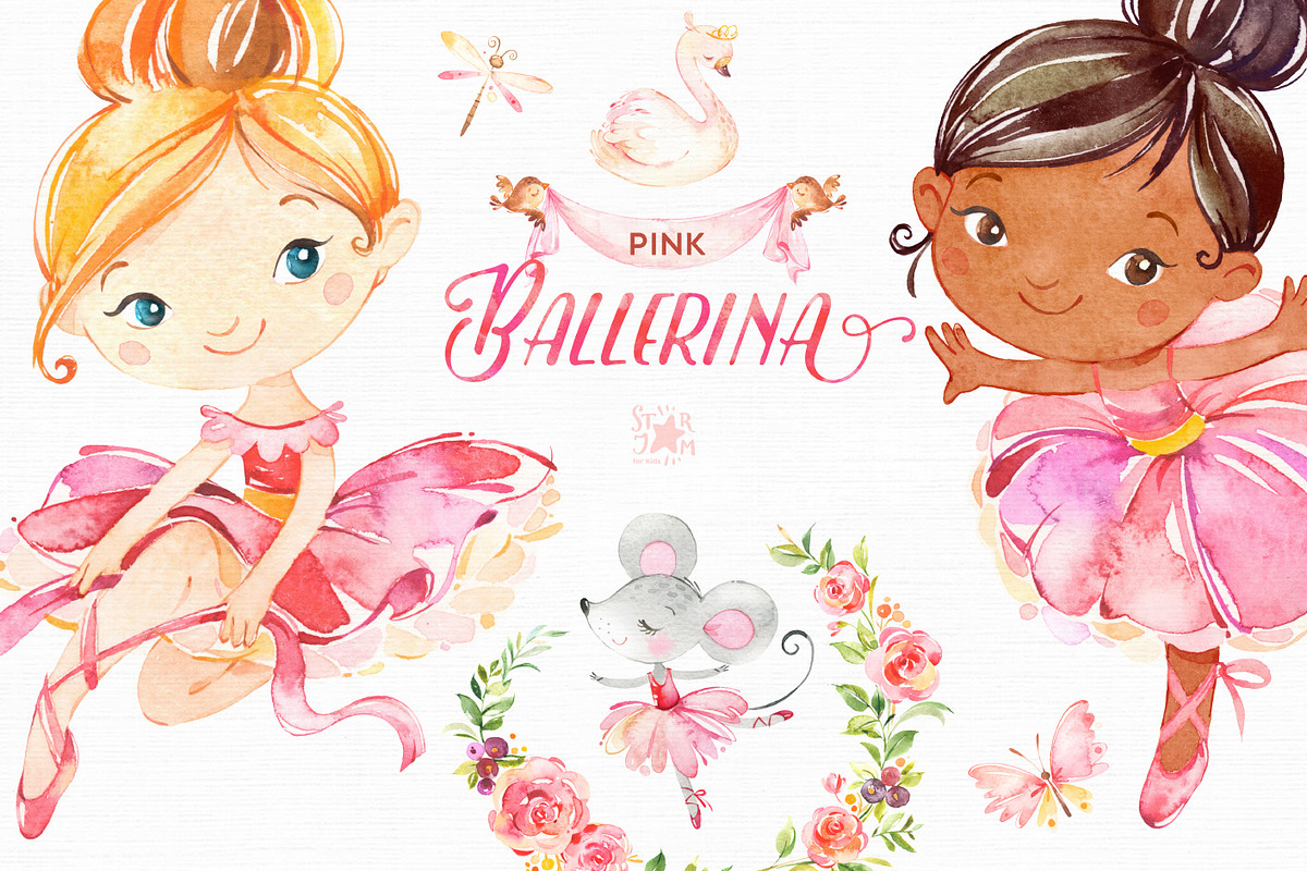 Pink Ballerina. Watercolor set. in Illustrations - product preview 8