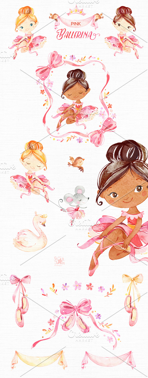Pink Ballerina. Watercolor set. in Illustrations - product preview 1