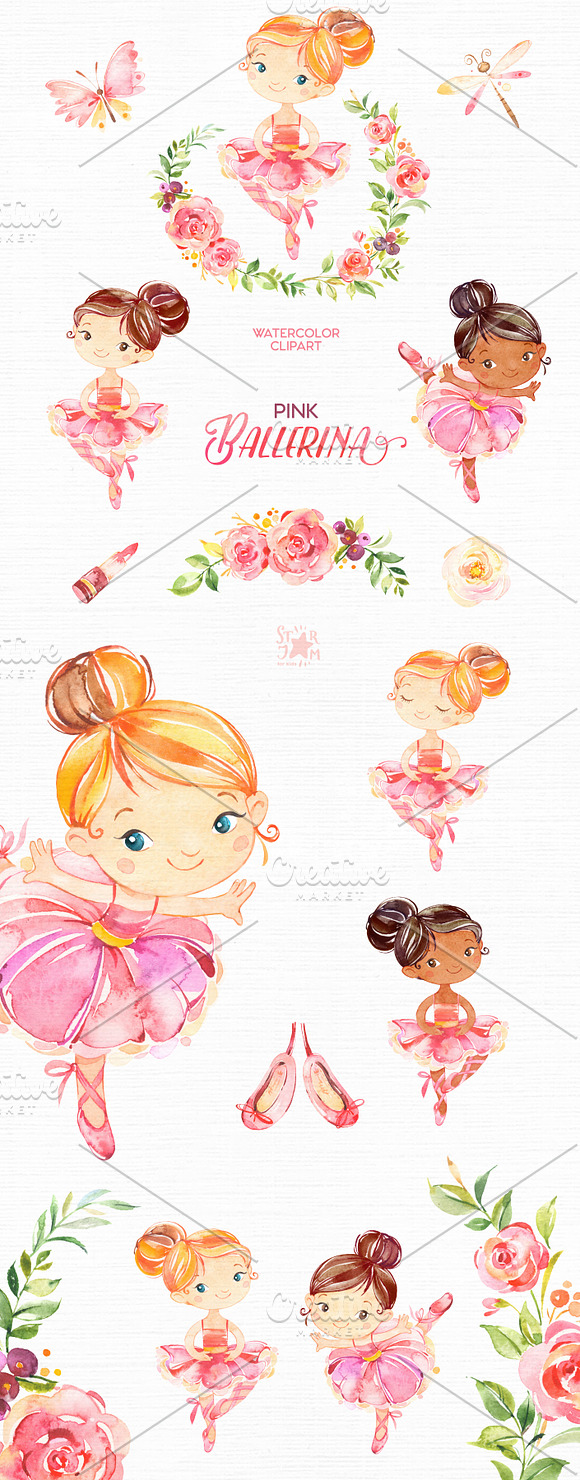 Pink Ballerina. Watercolor set. in Illustrations - product preview 3