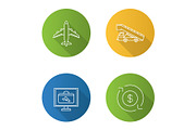 Airport service flat linear long shadow icons set