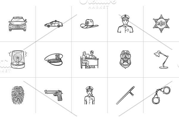 Police hand drawn outline doodle icon set.