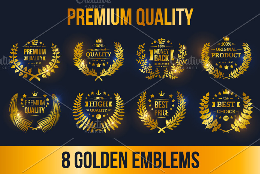 8 Golden Laurel Wreath Emblems