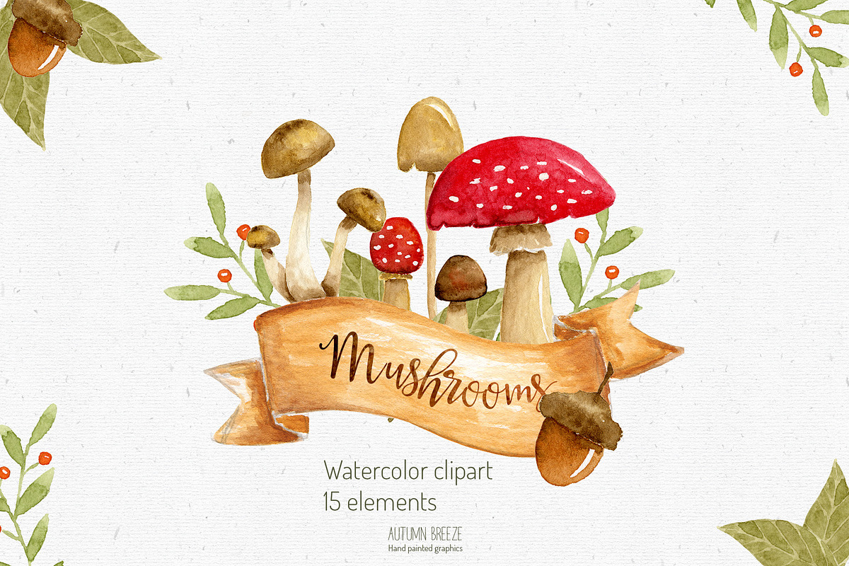 watercolor mushroom clipart in Illustrations - product preview 8