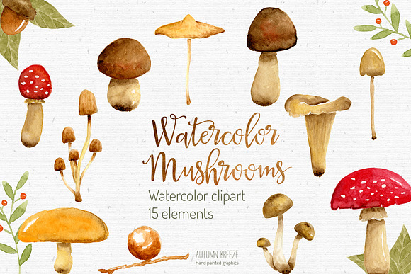 watercolor mushroom clipart in Illustrations - product preview 2