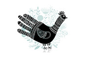 Bird shape made from hand palm and fingers, ornate sketch for your design.