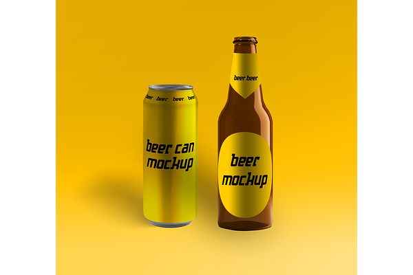 Beer bottle and beer can mockup