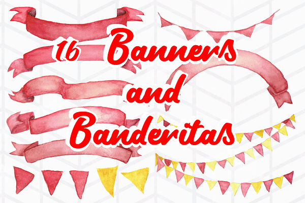 16 Watercolor Banners and Banderitas