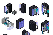 People In Data Center Isometric Set