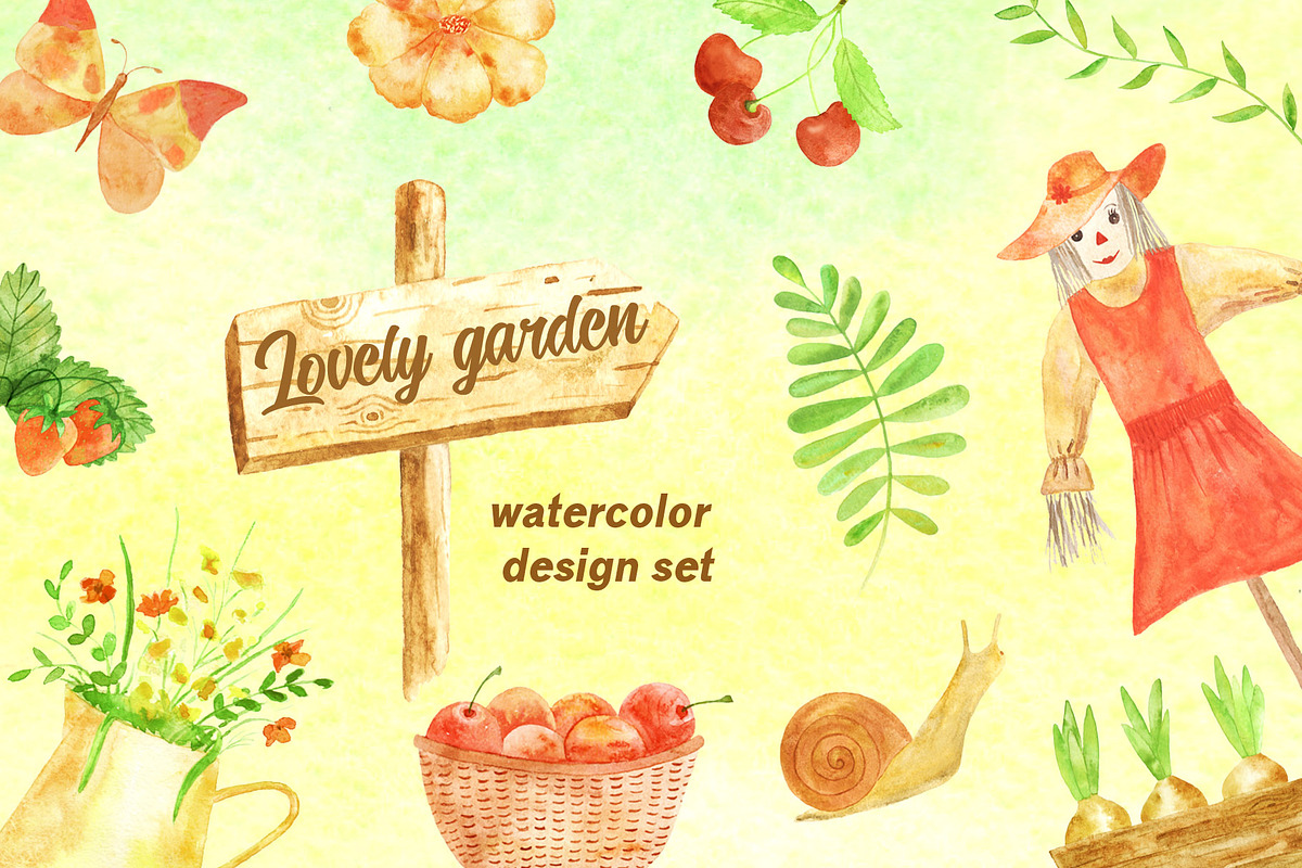 Lovely garden. Watercolor set. in Illustrations - product preview 8