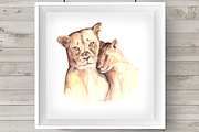 Watercolor Mother & Baby - Lions