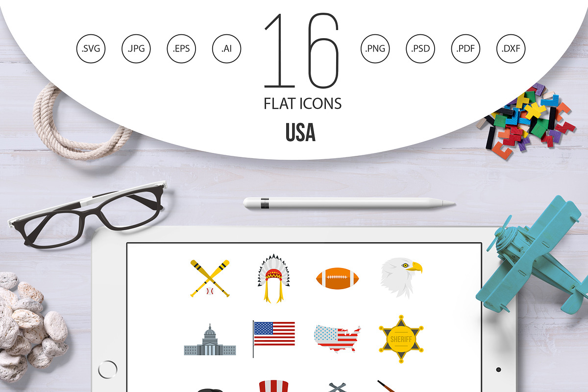 USA icons set, flat style in Graphics - product preview 8
