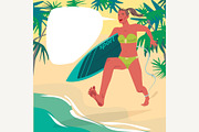 Girl in runs on beach with surfboard