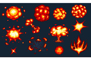 Pixel art explosions. game icons set