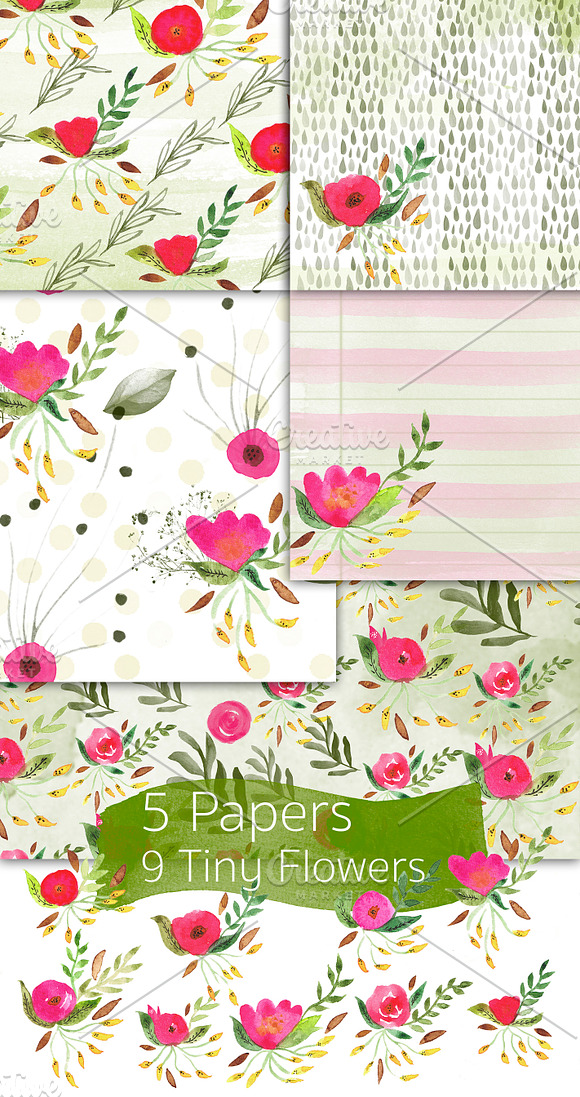 Watercolor Flowers Paper Set in Patterns - product preview 1