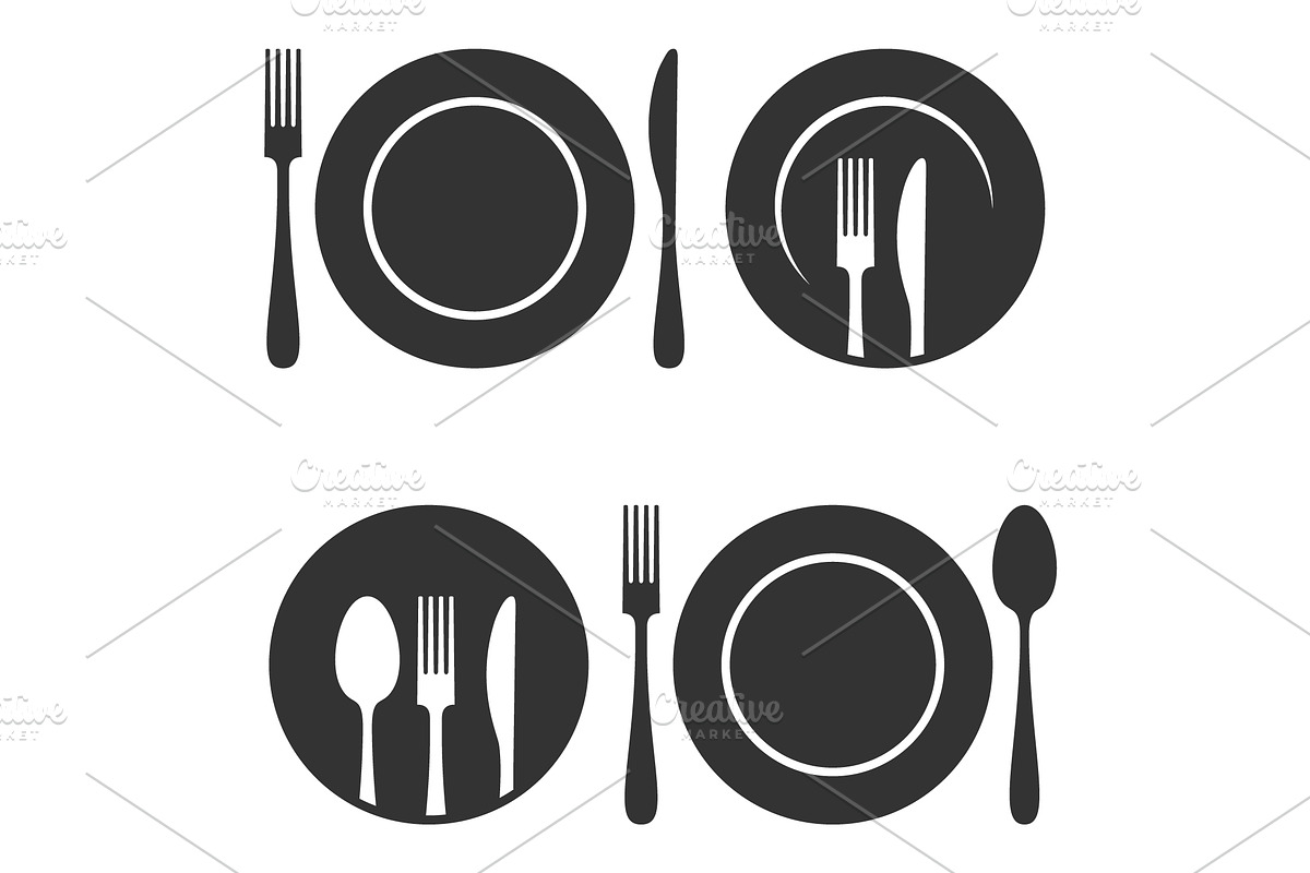 Plate with fork and knife icons set. in Illustrations - product preview 8