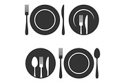 Plate with fork and knife icons set.