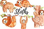 Watercolor Sloth Clipart Set