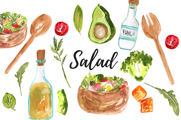 Watercolor food salad clipart 