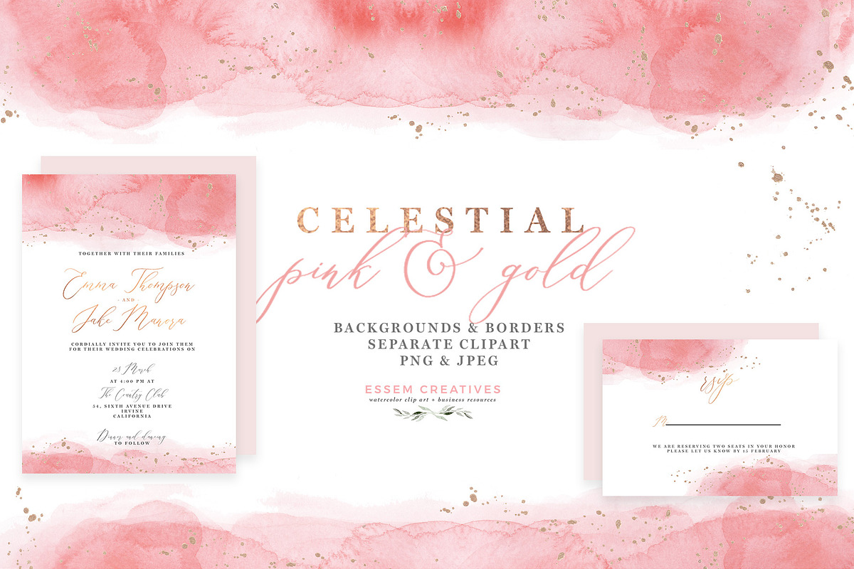 Celestial Watercolor - Pink and Gold in Illustrations - product preview 8