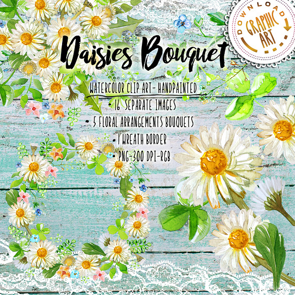 Daisies Bouquet Clipart Watercolor  in Illustrations - product preview 7