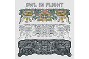 Totemic owl in flight Mayan graphic