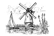 Windmill landscape in vintage, retro