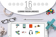 Learning foreign languages icons set