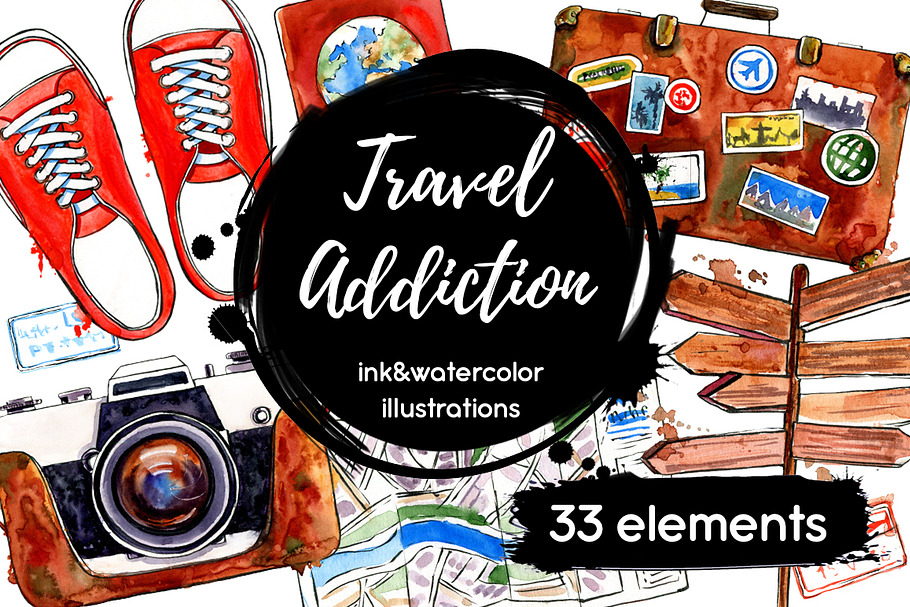 Travel Addiction watercolor sketches in Illustrations - product preview 8